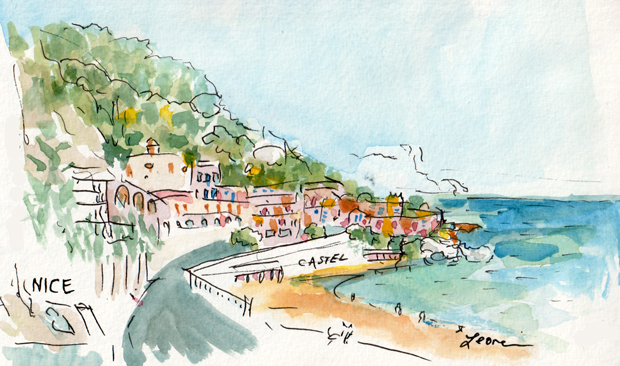 Sur la plage, Nice, France, watercolor and ink.