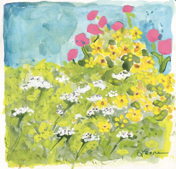 achillea millefolium (white yarrow), coreopsis, and lamb’s ear. Watercolor, gouache, and collage.
