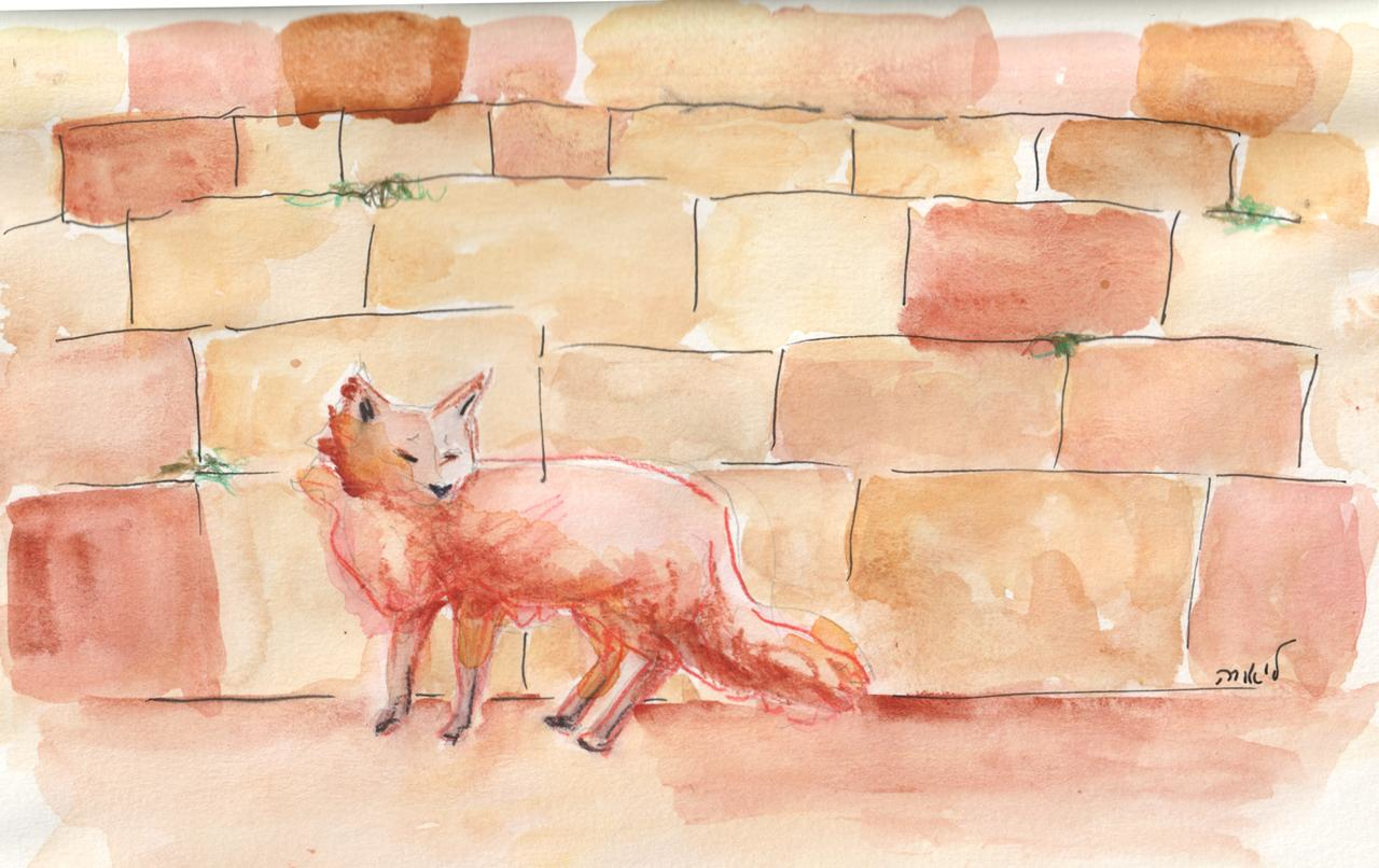 fox in ruins watercolor , ink, and colored pencil