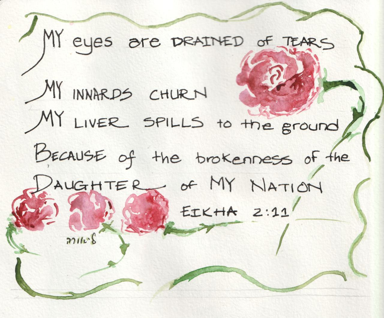 My eyes are drained of tears
My innards churn
My liver spills to the ground
Because of the brokenness of the daughter of my nation
— Eikha 2:11
Ink and watercolor, Tisha B’Av 5785