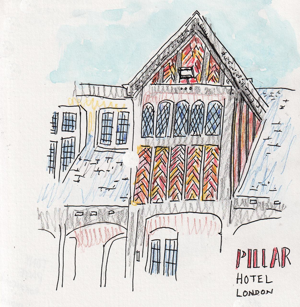 The Pillar Hotel, Hendon, London, UK, colored pencil, ink, and watercolor