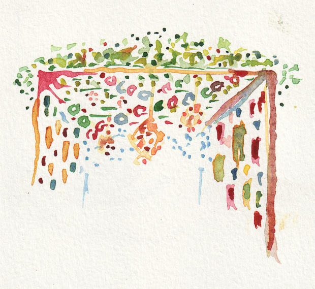 sukkah with decorations, watercolor 5786