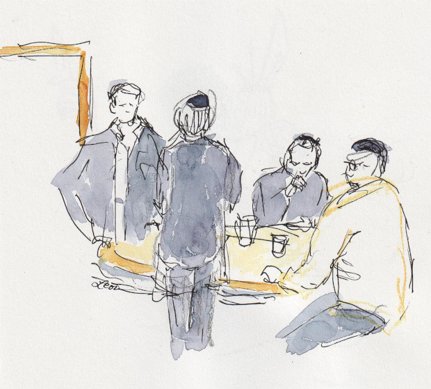 Yeshiva bochrim discussing and eating before morning shiur