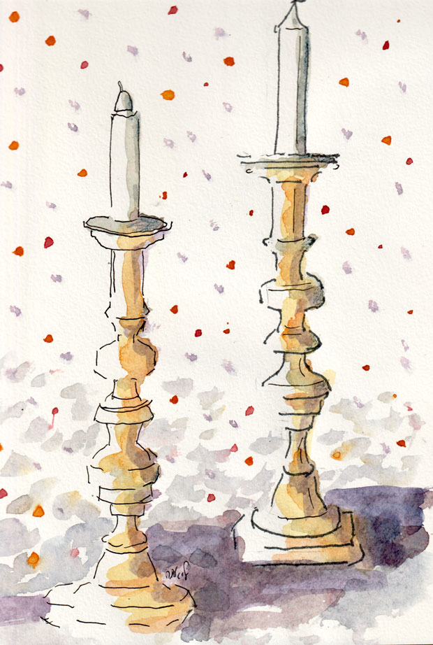 candlesticks, watercolor and ink