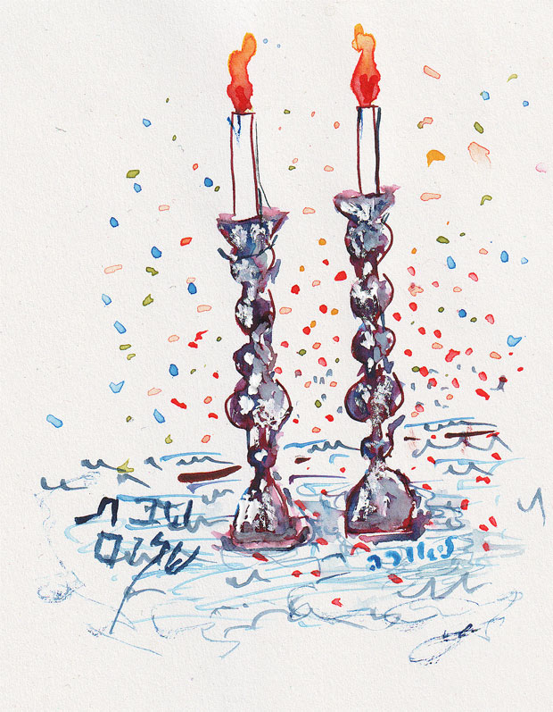 candlesticks, ink, watercolor, and gouache