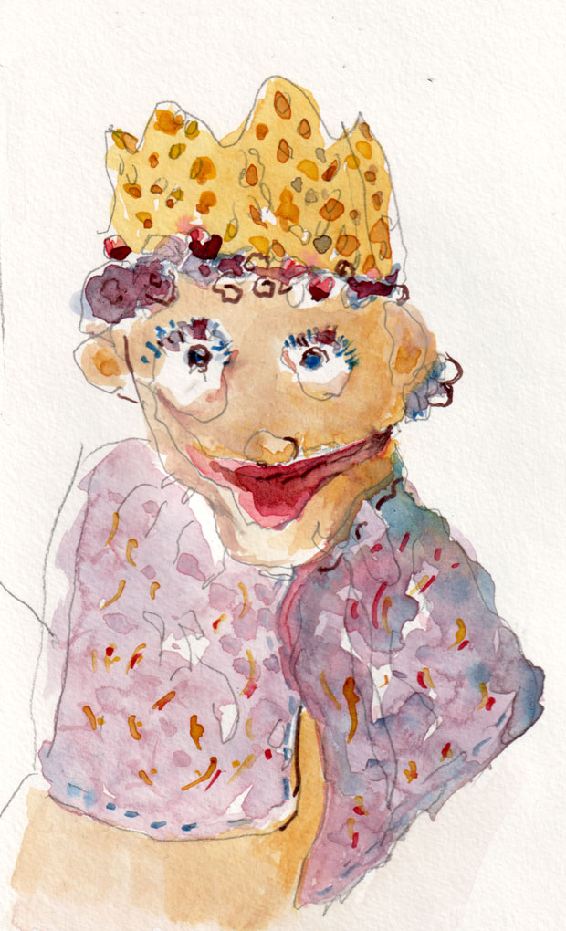 Esther the  queen puppet, watercolor and ink