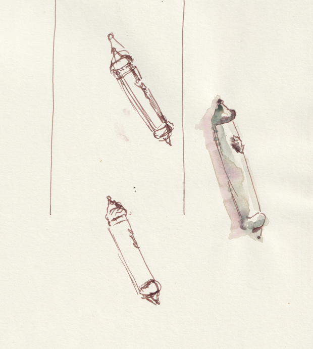 three mezuzot, ink and watercolor