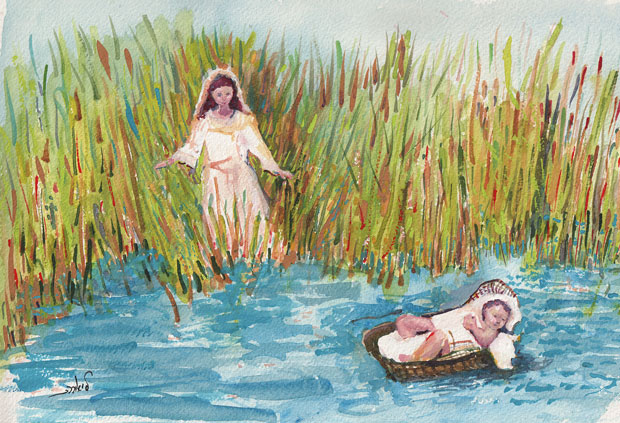 Miriam peeking at baby Moses on the Nile, watercolor and gouache