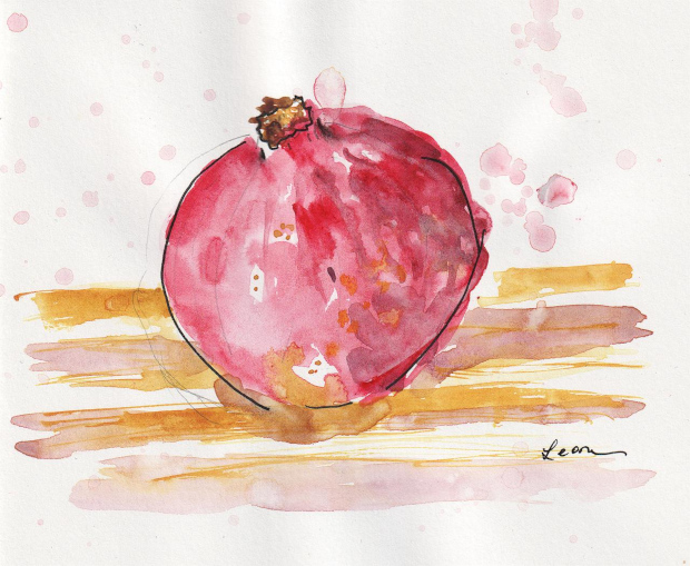 pomegranate, watercolor and ink