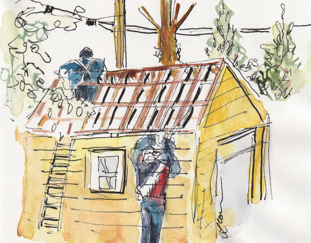 workers on garage roof, ink and watercolor