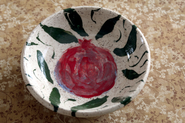 pomegranate plate, white speckled stoneware with red and green underglazes