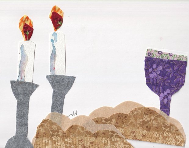 Shabbat table: candles, challah, wine goblet. Fabric collage and watercolor.