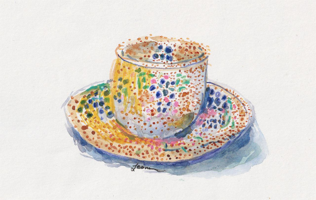 cup on saucer , white speckled clay with colored underglazes, watercolor and colored pencils.