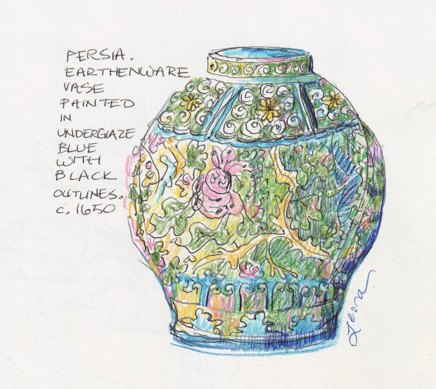 Illustration inspired by Persian pottery. Colored pencil and ballpoint pen.