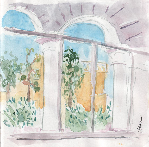 Looking out the lobby window, Little House in Bakah, Jerusalem, Israel. Watercolor and pencil.