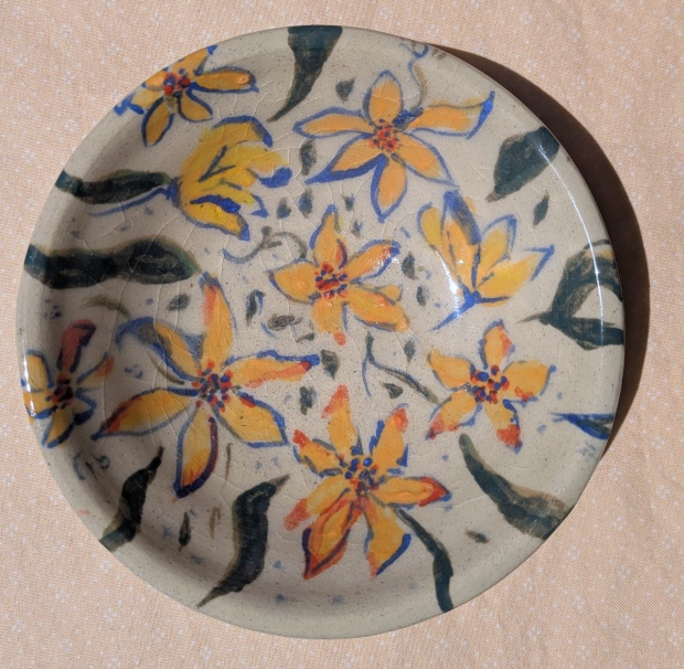 Blue eyed susans plate, decorated with underglazes