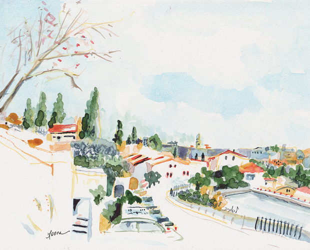 Yemin Moshe, neighborhood outside of the Old City of Jerusalem, Israel. Watercolor.